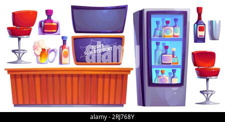 Ensemble de dessin animé vectoriel de meubles intérieurs de comptoir de bar. Table de pub pour l'alcool artisanal le soir. Collection de png de discothèque isolée avec bouteille, verres, réfrigérateur et tv. Panneau spécial pour la fête de taverne Illustration de Vecteur