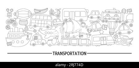 Vecteur noir et blanc ensemble horizontal de transport avec différents types de transport. Modèle de carte de voyage de ligne ou conception de cadre pour bannières. Mignon Illustration de Vecteur