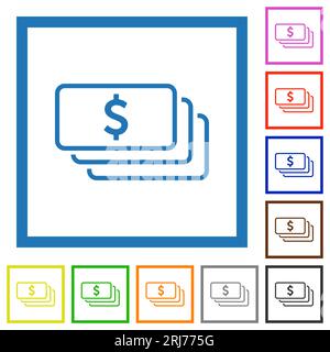 Les billets de banque en dollars américains délimitent des icônes de couleur plate dans des cadres carrés sur fond blanc Illustration de Vecteur