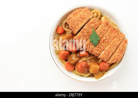 Vue de dessus Katsu Curry Udon isolé sur la table blanche Banque D'Images