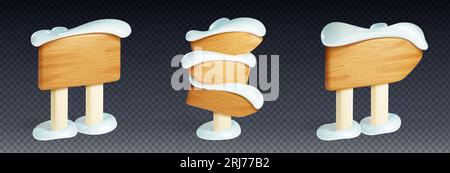 pointeur de panneau de signalisation routière en bois 3d avec vecteur de neige. Panneau de poteau de signe ensemble de conception d'hiver avec chapeau de neige sur pilier blanc. Guide de voyage en bois de Noël pour l'indication d'illustration de l'étiquette de destination de piste Illustration de Vecteur