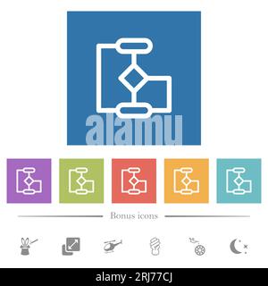 Le diagramme de flux présente des icônes blanches plates sur des fonds carrés. 6 icônes bonus incluses. Illustration de Vecteur