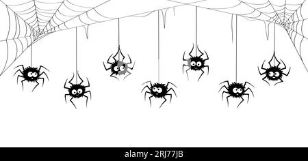 Les personnages d'Halloween araignée bordent de toile d'araignée. Vector spinner personages et Spiderwebs cadre monochrome sur fond blanc. Black Funny insectes han Illustration de Vecteur