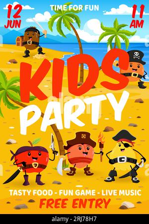 Dépliant fête pour enfants. Pirates de fruits de dessin animé et personnages de corsaires sur l'affiche vectorielle de l'île. Drôle orange, pêche, kiwi, pomme et coing fruit filibusters personages avec des chapeaux de pirate, des fusils et des épées Illustration de Vecteur