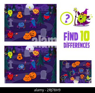 Trouver dix différences, dessins animés Halloween Berry sorciers et mages au cimetière. Feuille de calcul de vecteur de jeu pour enfants avec des personnages de raisin, fraise, myrtille et miel, cloudberry et canneberge Warlock Illustration de Vecteur