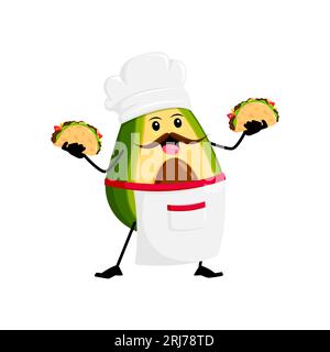 Personnage d'avocat de chef mexicain de dessin animé avec tacos. Vecteur isolé kitchener Personage porter un chapeau toque et un tablier, tenant la nourriture tex mex et portant un sourire amical, ajoutant une touche ludique à la cuisine Illustration de Vecteur