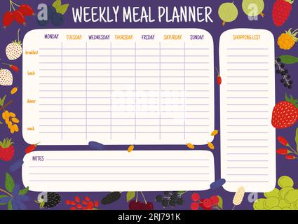 Planificateur de repas hebdomadaire. Baies de forêt et de jardin. Plan alimentaire vectoriel pour semaine. Menu calendrier pour le petit déjeuner, le déjeuner, le dîner et la collation avec liste de courses pour les achats d'épicerie. Modèle d'horaire de journal Illustration de Vecteur