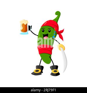 Pirate de poivre jalapeno de dessin animé et personnage corsair. Vecteur isolé gai marin personnage porter bandana rouge et ceinture, avec une tasse de bière, apportant une touche épicée et aventureuse à la haute mer Illustration de Vecteur