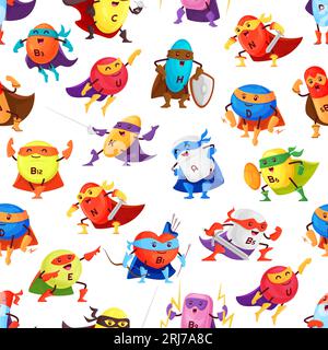 Motif sans couture des personnages de super-héros de vitamine de dessin animé. Fond de tuile de vecteur avec des personnages de capsule de complément alimentaire super héros. Défenseurs et chevaliers avec épées, boucliers, éclairs, arc et flèches Illustration de Vecteur