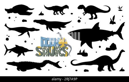 Silhouettes de dinosaures noirs, icônes vectorielles isolées de sarcosuchus, henodus, mosasaurus, tyrannosaure et apatosaurus dino. Animaux reptiles préhistoriques de l'ère jurassique, anciens monstres nuances monochromes Illustration de Vecteur