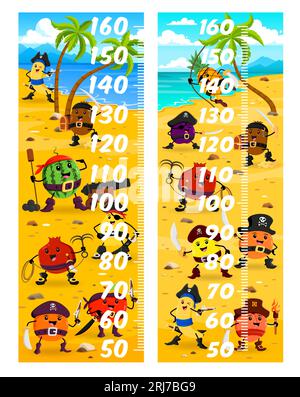 Règle de mesure de tableau de taille pour enfants avec des pirates de fruits de dessin animé et des personnages de corsaires. Vector enfants échelle de mètre de croissance de l'île au Trésor pirate avec des corsaires mignons d'ananas, de banane, de citron Illustration de Vecteur