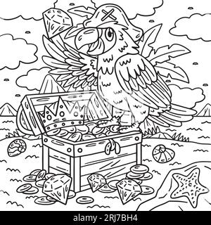 Pirate Parrot Perching sur la page de coloriage de coffre Illustration de Vecteur