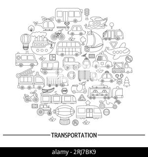 Vecteur cadre rond de transport noir et blanc avec bus, voiture, bateau, camion. Conception de modèle de carte de ligne avec transport pour bannières, invitations. Mignon Illustration de Vecteur