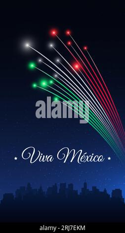 Bannière septembre 16 mexico jour de l'indépendance, feux d'artifice mexicains sur fond de ciel sombre. Feux d'artifice, drapeau. Fête nationale le 16 septembre. Indépendance Illustration de Vecteur