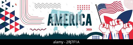 USA et poings levés. Journée nationale ou jour de l'indépendance pour la célébration des États-Unis. Design rétro moderne avec icônes abstraites. Illustration vectorielle. Illustration de Vecteur