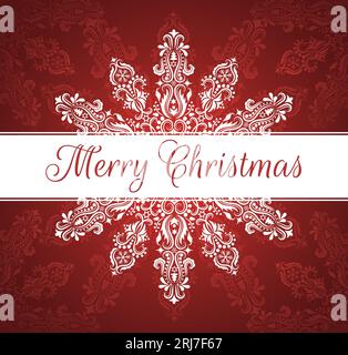 Bannière blanche avec texte Joyeux Noël. Motif en forme de flocon de neige sur fond rouge. Illustration de Vecteur