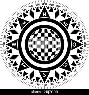 Vecteur de rose de boussole avec huit directions de vent et description allemande de l'est. Rose du vent avec échelle de 360 degrés et boule de modèle d'échecs abstraite. Illustration de Vecteur