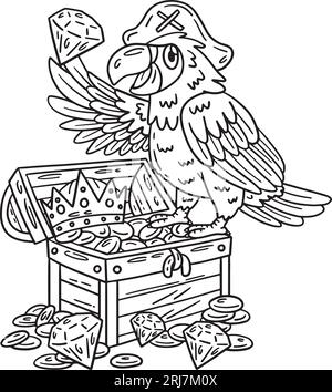 Pirate Parrot Perching sur la poitrine coloration isolée Illustration de Vecteur