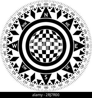 Vecteur de rose de boussole avec huit directions de vent et échelle de 360 degrés. Rose du vent avec boule de modèle d'échecs abstraite au milieu. Illustration de Vecteur