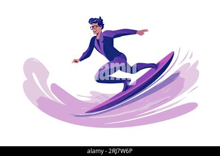 Passionné de surf équilibrant sur une planche de surf au sommet d'une vague qui roule. Illustration de Vecteur