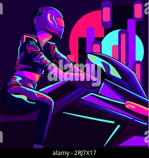 Art conceptuel d'une motard néon chevauchant sur une ville. Vecteur de Retrowave et illustration d'une silhouette de motorbiker assis et portant un cric en cuir Illustration de Vecteur