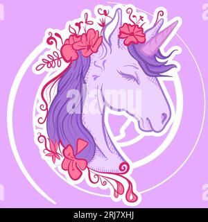 Art numérique d'une tête de licorne magique avec des décorations florales sur ses cheveux. Illustration vectorielle d'un pegasus avec une corne dans des couleurs pastel. Illustration de Vecteur