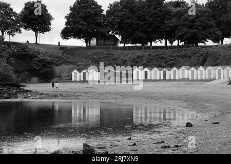 Cabanes à langer en bois sur une plage de Torquay Devon, Angleterre Banque D'Images