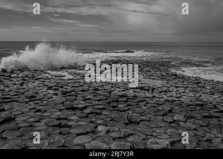 Vagues s'écrasant sur la chaussée des géants, comté d'Antrim, Irlande du Nord Banque D'Images