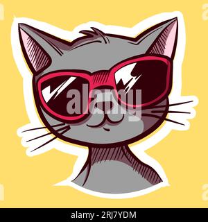 Art numérique d'un dessin animé de tête de chat avec des lunettes de soleil. Illustration vectorielle d'un avatar félin portant des lunettes. Illustration de Vecteur