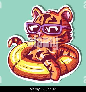 Art numérique d'un tigre détendu en vacances assis sur une floatie. Vecteur d'un animal sauvage nageant dans un sauveteur et portant des lunettes de soleil. Illustration de Vecteur