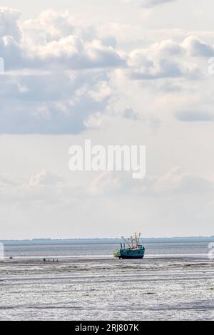 Des bateaux de coquillages échouèrent dans le Wash pour ramasser des coques à marée basse. Les bateaux flottent à marée haute suivante. Banque D'Images