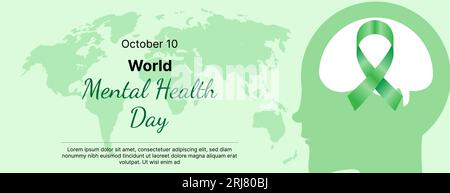 Conception de vecteur de bannière de la journée mondiale de la santé mentale avec fond de carte du monde Illustration de Vecteur