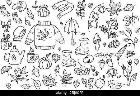 Grande collection Cozy doodles d'automne. Tricots, bottes en caoutchouc, théière avec tasse de thé chaud, champignons forestiers de saison et feuilles d'automne, baies. Vecteur i Illustration de Vecteur