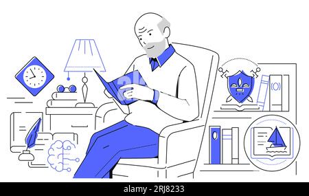 Lecture d'un livre dans une chaise - illustration de style design de ligne sur fond blanc. Composition avec un homme adulte profitant de sa bibliothèque à domicile. Connaissances et in Illustration de Vecteur