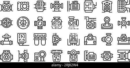 Les icônes de la pompe de circulation d'eau définissent le vecteur de contour. Station de traitement. Réservoir d'installation Illustration de Vecteur