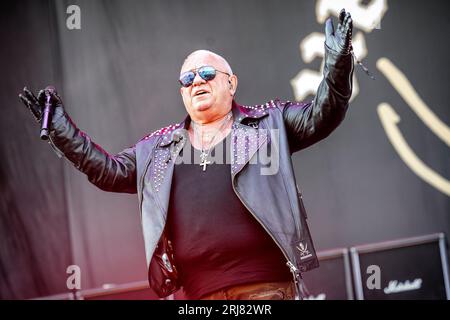 Solvesborg, Suède. 08 juin 2023. Le groupe allemand de heavy Metal U.D.O. donne un concert live lors du festival de musique suédois Sweden Rock Festival 2023 à Solvesborg. Ici, le fondateur du groupe et chanteur Udo Dirkschneider est vu en direct sur scène. (Crédit photo : Gonzales photo - Terje Dokken). Banque D'Images