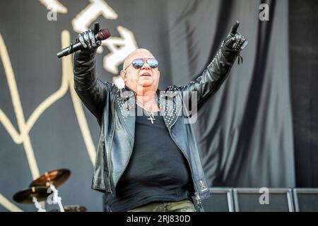 Solvesborg, Suède. 08 juin 2023. Le groupe allemand de heavy Metal U.D.O. donne un concert live lors du festival de musique suédois Sweden Rock Festival 2023 à Solvesborg. Ici, le fondateur du groupe et chanteur Udo Dirkschneider est vu en direct sur scène. (Crédit photo : Gonzales photo - Terje Dokken). Banque D'Images