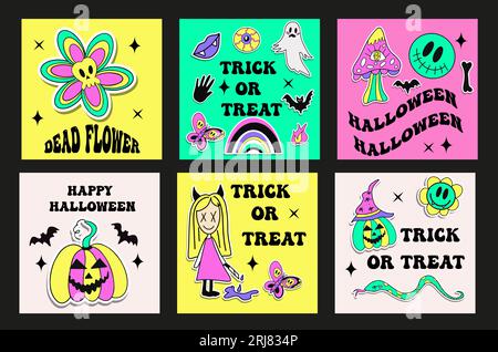 Placez des affiches pour Halloween avec des illustrations à la mode. Des cartes de style groovy tendance. Illustration vectorielle Illustration de Vecteur