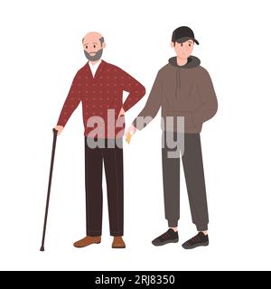Illustration vectorielle de vol de personne âgée. Dessin animé isolé jeune personnage voleur masculin dans le sweat à capuche et casquette de baseball volant carte de crédit, portefeuille ou téléphone portable de poche du vieil homme avec canne Illustration de Vecteur
