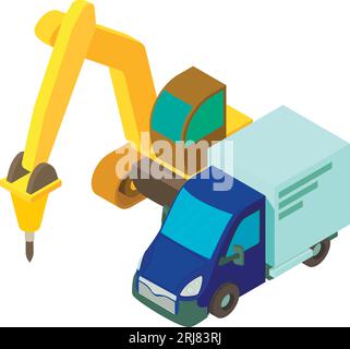 Vecteur isométrique de l'icône du site de construction. Gros marteau de pelle près de l'icône de camionnette de livraison. Travaux de forage, chantier de construction Illustration de Vecteur