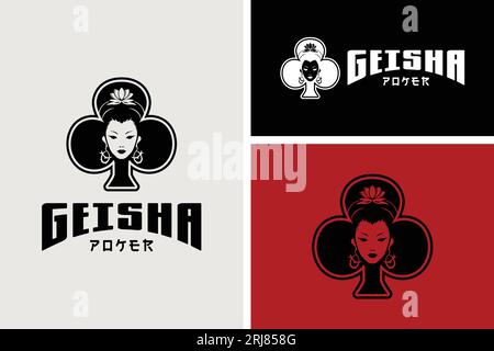 Belle face Geisha des clubs jouant au Poker de cartes logo Vector Design inspiration Illustration de Vecteur