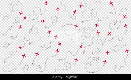 Ensemble de trajectoires d'avion ou d'itinéraires d'avion. Concept de voyage à partir du point de départ et traçage de ligne pointillée. Suivi des avions, trajectoire de l'avion, voyage, pins de carte, locat Illustration de Vecteur