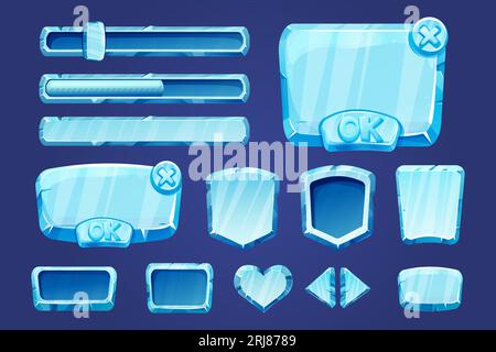 Définir les actifs de menu de jeu boutons de glace, éléments d'interface 2d dans le style de bande dessinée isolé. Blocs, formes Panneaux gui figés, curseurs, flèches. Illustration vectorielle Illustration de Vecteur