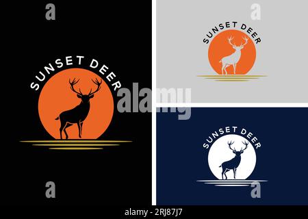 Deer Buck Stag Silhouette au coucher de soleil de beauté dans African Savanna Sunrise ou Sunset nature Wildlife logo Design Illustration de Vecteur