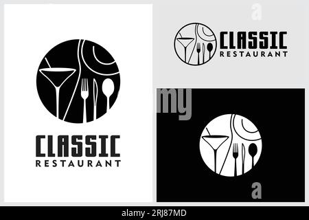 Restaurant Line Art logo avec verre de vin cuillère fourchette plaque de couteau verre pour dîner Illustration de Vecteur