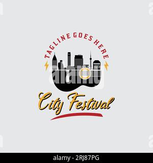 Skyline de la ville avec instrument de guitare pour Music Fest Festival logo Design Illustration de Vecteur