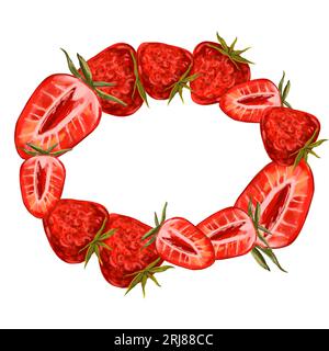 Couronne de fraise aquarelle, cadre rond. Baies dessinées à la main sur un fond blanc. Baies d'été, fraises à l'aquarelle pour la conception d'emballages, hommes Banque D'Images