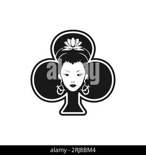 Belle face Geisha de Clubs Card Poker Card logo, Geisha face dans les Clubs cartes à jouer Symbol Vector Design Illustration de Vecteur