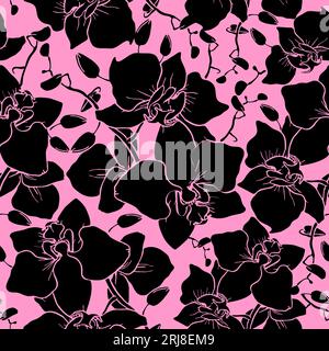 motif sans couture de grandes silhouettes noires d'orchidées sur fond rose, texture, design Banque D'Images