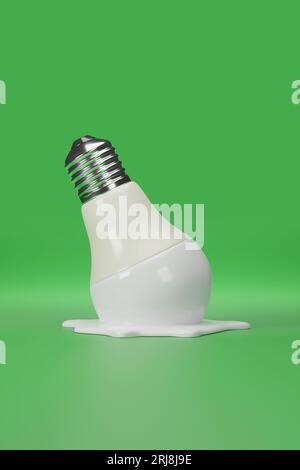 Ampoule LED fondue sur fond vert. illustration 3d. Banque D'Images